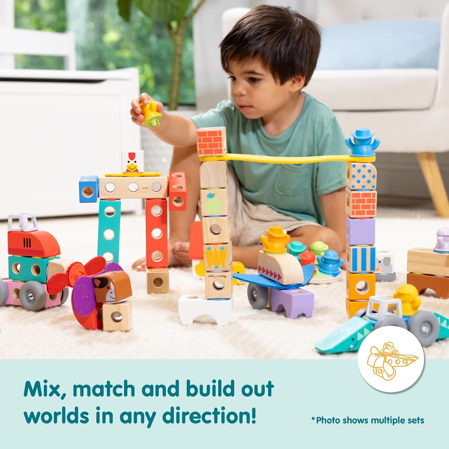 Melissa & Doug Blockables™ Town Snap and Play, mezcla y combina bloques de construcción de madera conectables, juguete para niños y niñas en edad preescolar (73 piezas)