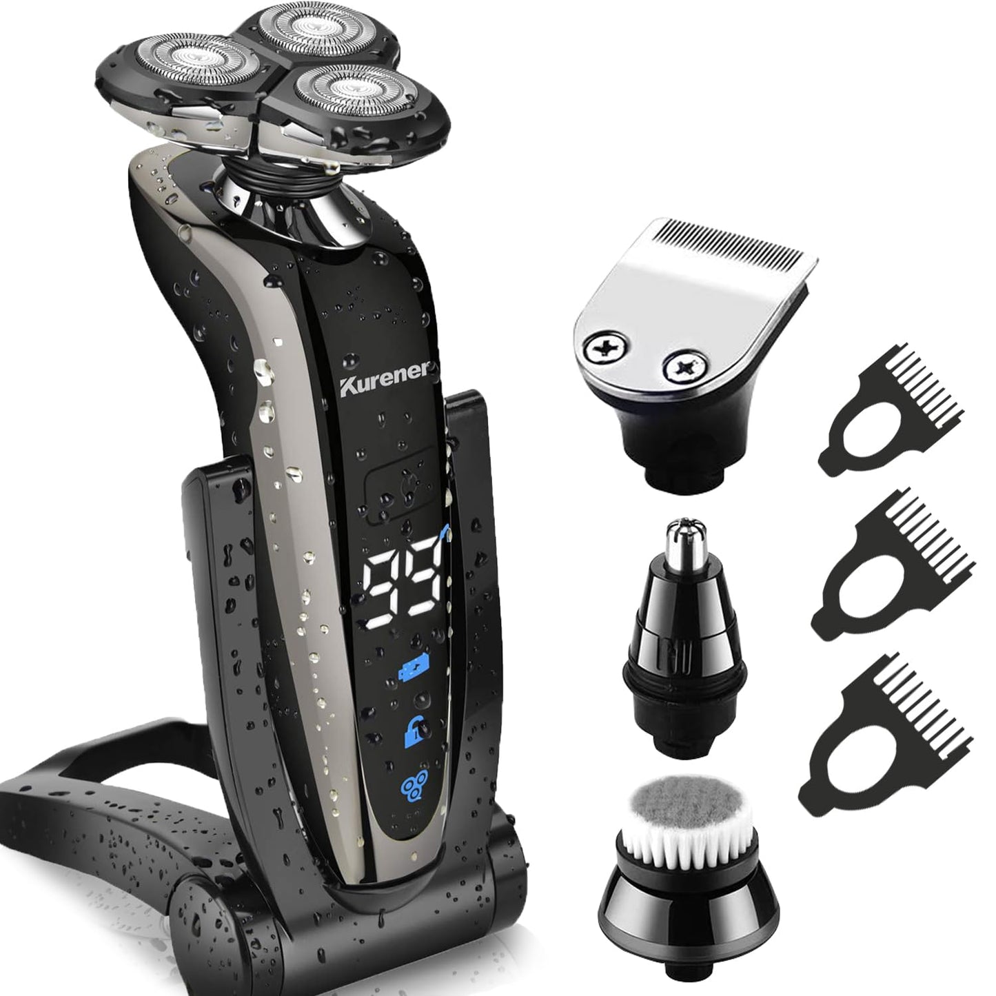 Afeitadora eléctrica para hombres, recargable, 100% impermeable, rotativa para afeitarse con recortadora de nariz, patillas, recortadora, cepillo de limpieza facial