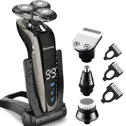 Afeitadora eléctrica para hombres, recargable, 100% impermeable, rotativa para afeitarse con recortadora de nariz, patillas, recortadora, cepillo de limpieza facial