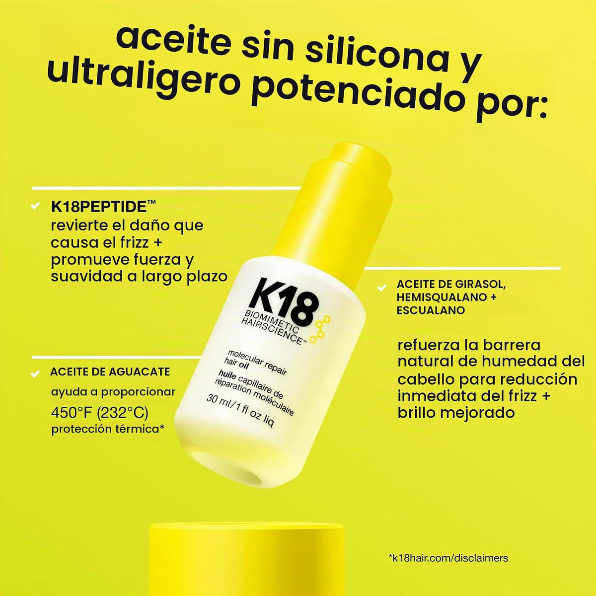 Aceite capilar reparador molecular K18, aceite ingrávido para un ca...