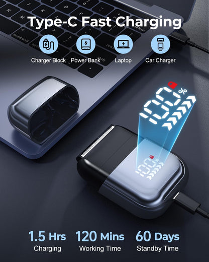 Afeitadoras de papel de aluminio para hombres, mini maquinillas de afeitar eléctricas para afeitado cercano con 3 cabezales de hoja flotantes de alta velocidad, USB C rápida recargable, IPX7, impermeable, húmedo, seco, viajes, pantalla bloqueada/LED