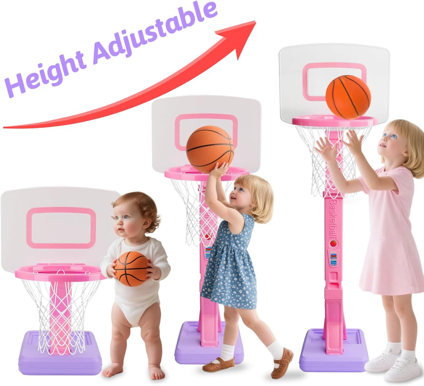 Aro de baloncesto para niñas pequeñas, rosa, ajustable, mini, con b...