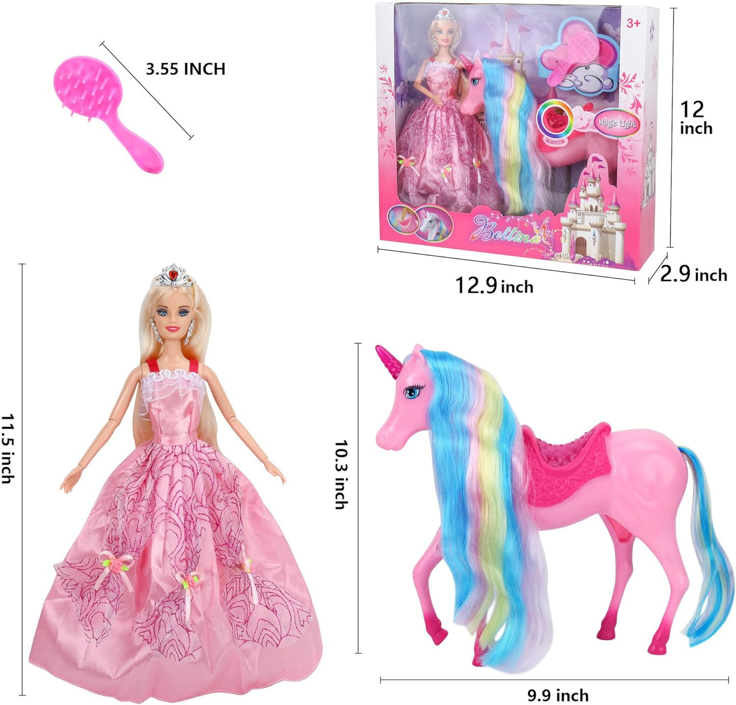 BETTINA Juego de muñecas de princesa unicornio con luz mágica, jugu...