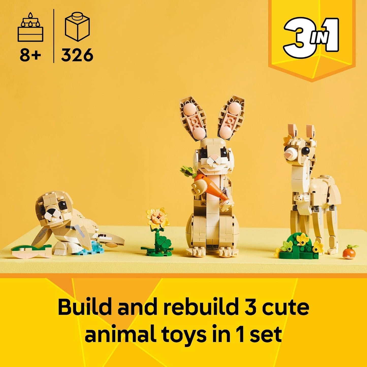 LEGO Creator 3 en 1 Juguetes Lindo Conejo - Juego de Construcción con 3 Opciones de Construcción, Conejo, Foca o Llama - Figuras de Animales para Niños, Niñas y Niños, Edades 8+ - Idea de Regalo para
