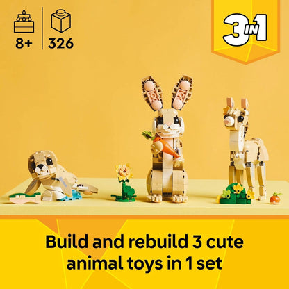 LEGO Creator 3 en 1 Juguetes Lindo Conejo - Juego de Construcción con 3 Opciones de Construcción, Conejo, Foca o Llama - Figuras de Animales para Niños, Niñas y Niños, Edades 8+ - Idea de Regalo para