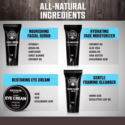 Viking Revolution Kit de cuidado facial de la piel para hombres, incluye hidratante facial rejuvenecedor, exfoliante facial de microdermoabrasión, limpiador espumoso (5 onzas cada uno) y crema de ojos