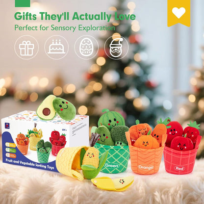 Hahaland Juguetes sensoriales para bebés - 16 piezas Mi primera fruta Verdura Clasificación de color de alimentos de juego crujiente, sonajero, juguetes para bebés 6-12 meses Juguetes Montessori para