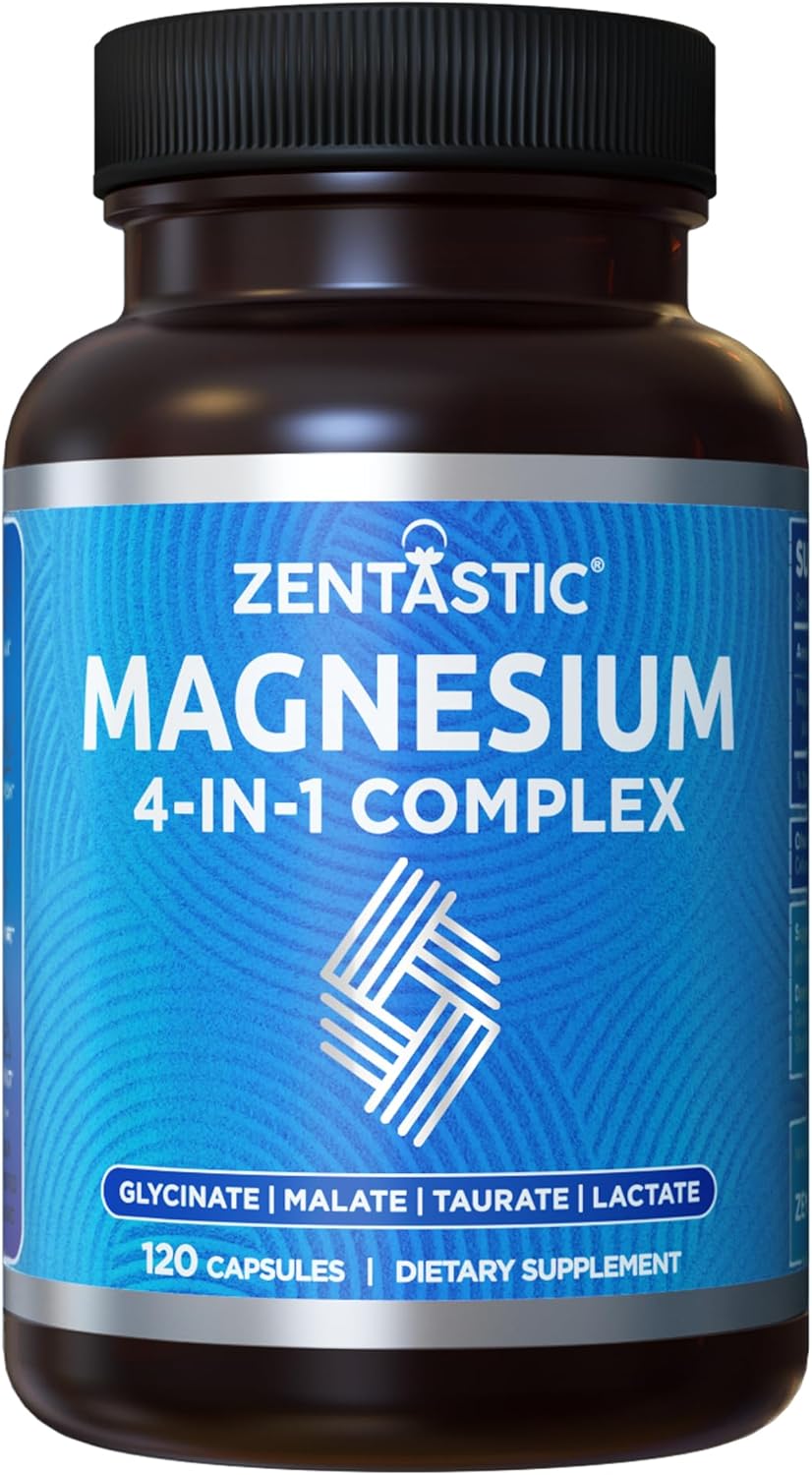 Zentastic Complejo de magnesio 4 en 1 Suplemento - Glicinato de magnesio, malato, taurato y lactato - Alta absorción quelatada para nervios, músculos, huesos y apoyo inmunológico - 120 cápsulas