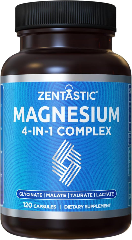 Zentastic Complejo de magnesio 4 en 1 Suplemento - Glicinato de magnesio, malato, taurato y lactato - Alta absorción quelatada para nervios, músculos, huesos y apoyo inmunológico - 120 cápsulas