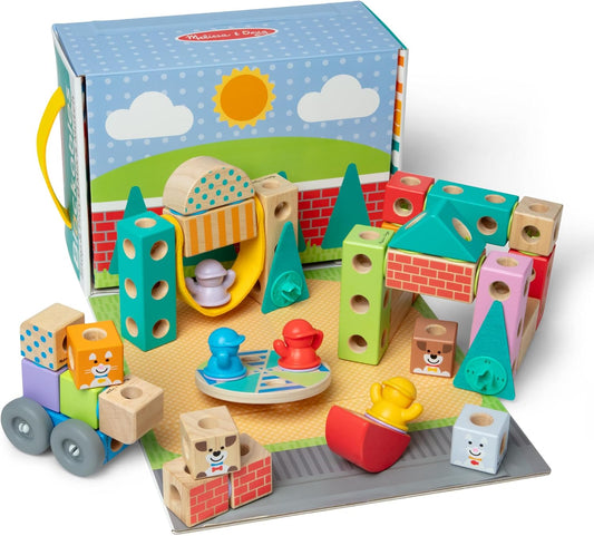 Melissa & Doug Blockables™ Town Snap and Play, mezcla y combina bloques de construcción de madera conectables, juguete para niños y niñas en edad preescolar (73 piezas)
