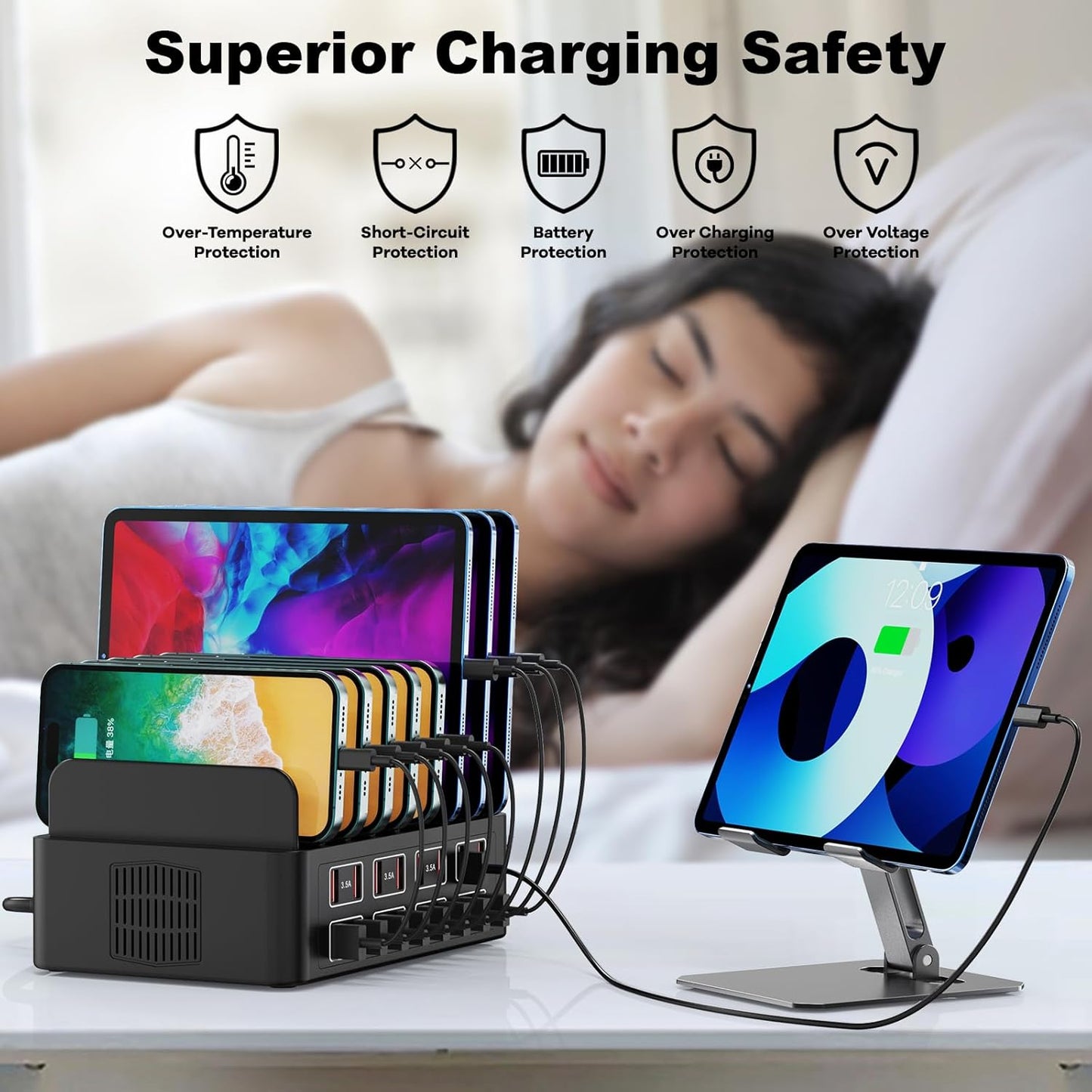 Estación de carga para múltiples dispositivos, estación de carga USB Cinlinso de 150 W/35 A, 16 puertos, organizador de cargador rápido para múltiples dispositivos, compatible con iPad, tableta, teléfono celular Kindle y otros dispositivos electrónicos