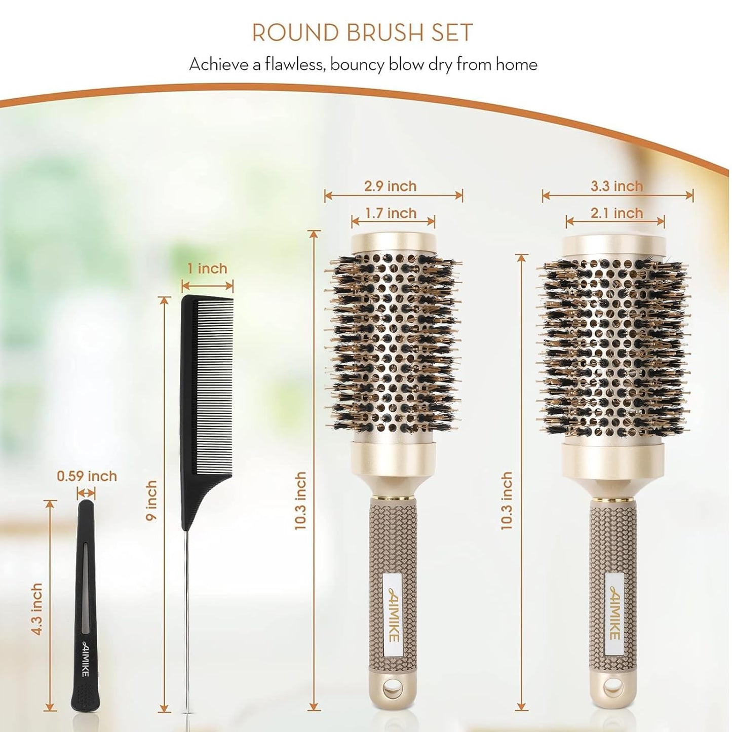 AIMIKE Juego de cepillos para el cabello, cepillo redondo de cerámica nano térmica y tecnología iónica con cerdas de jabalí para secar con soplado, mejorar la textura para peinar, rizar y brillar,