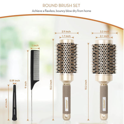 AIMIKE Juego de cepillos para el cabello, cepillo redondo de cerámica nano térmica y tecnología iónica con cerdas de jabalí para secar con soplado, mejorar la textura para peinar, rizar y brillar,