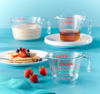 Pyrex Essentials (3-Pack) Tazas medidoras de vidrio, juego de tazas medidoras (1, 2 y 4 tazas) para preparar, hornear y cocinar, aptas para horno precalentado, lavavajillas, congelador y microondas