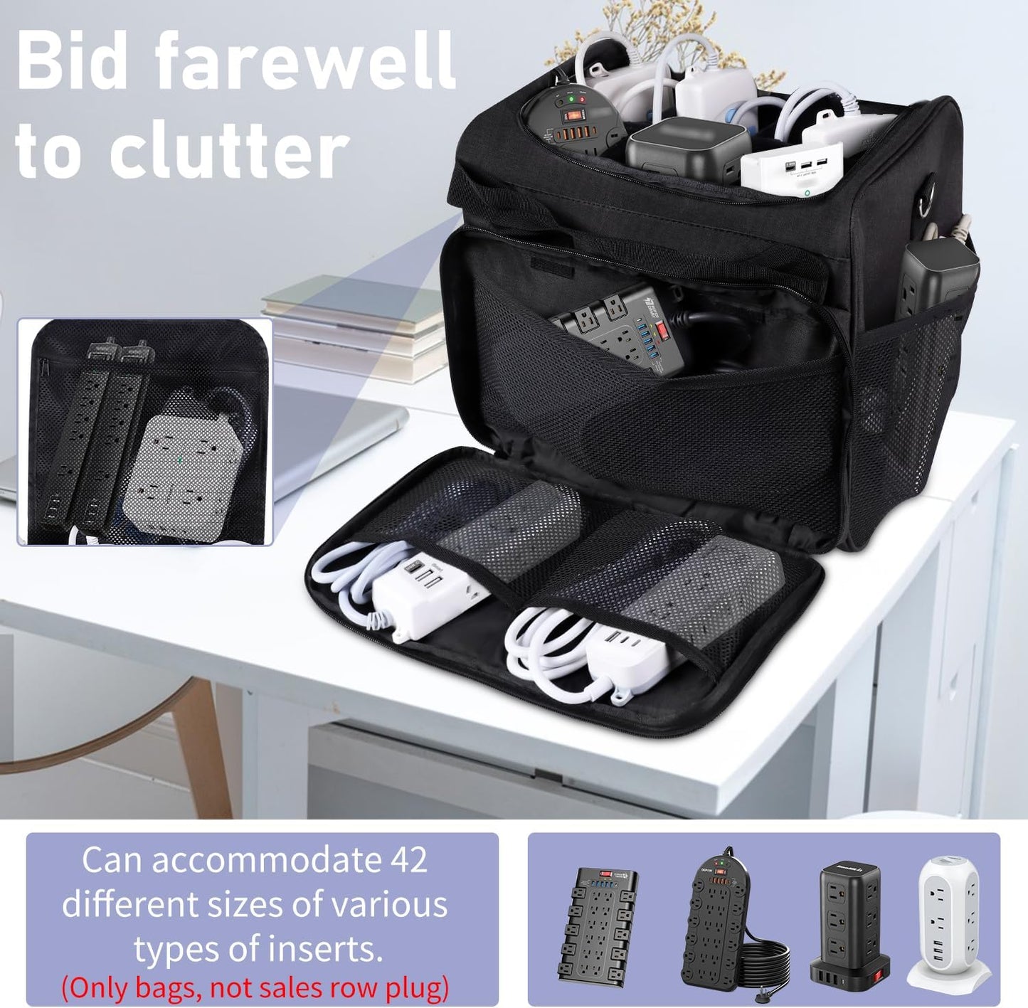 Bolsa organizadora de cables, caja organizadora de cables, bolsa de almacenamiento de cables electrónicos con divisor ajustable, bolsa de almacenamiento de cables grande para cable, cable, regleta de alimentación