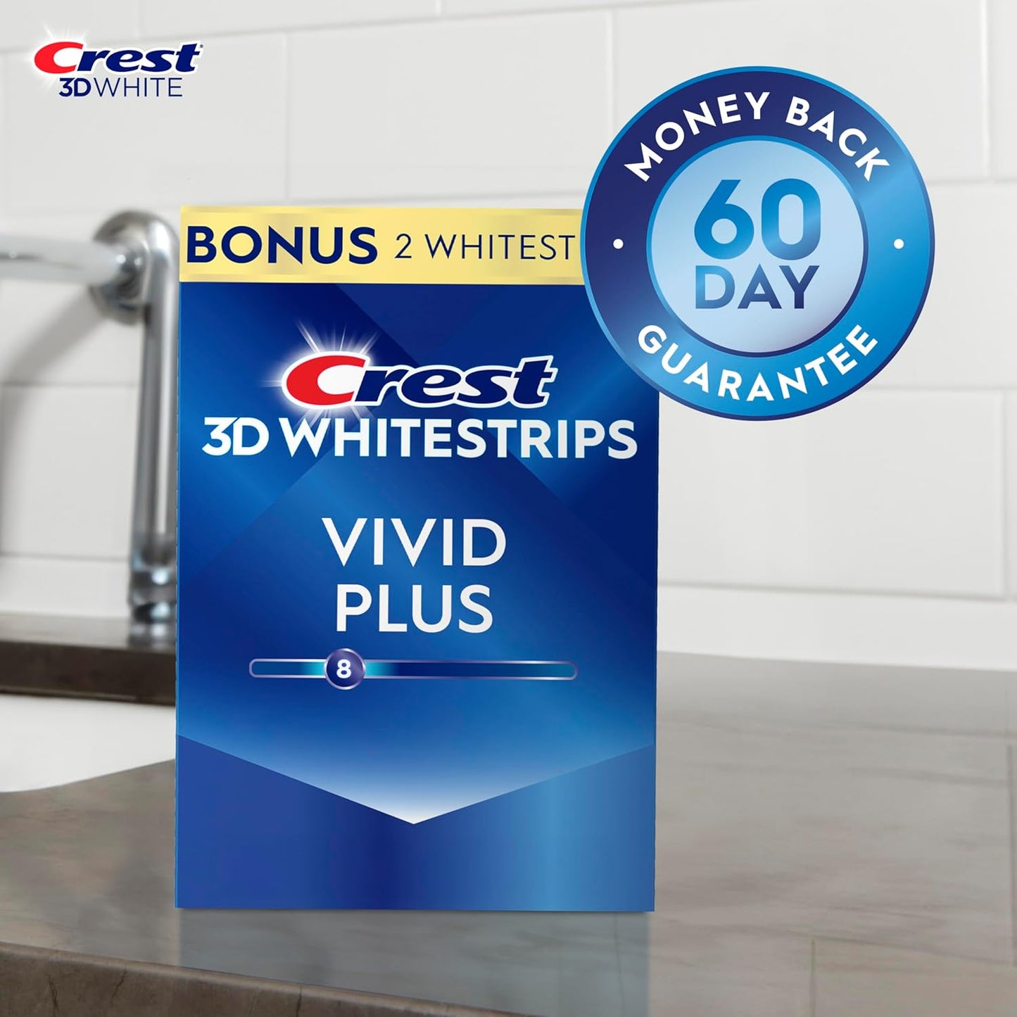 Crest 3D Whitestrips Vivid Plus, kit de tiras blanqueadoras de dientes, 10 tratamientos + 2 tratamientos adicionales (cada uno con 1 tira superior/1 inferior), 24 tiras, 8 niveles más blancos, kit de