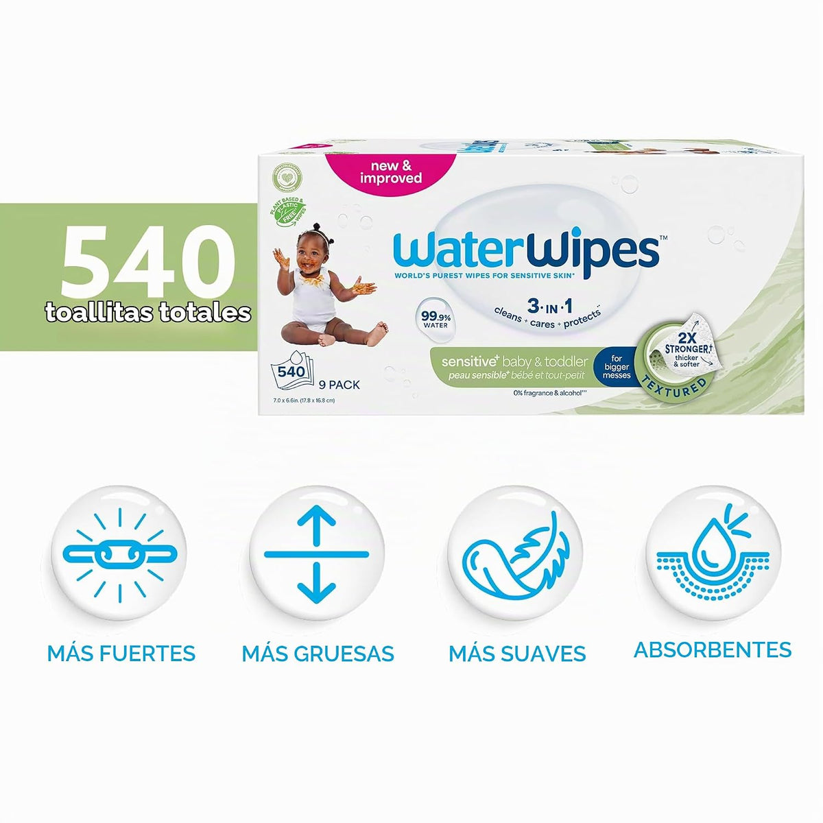 WaterWipes Sensitive+ Toallitas para bebé y niño pequeño, 3-en-1 li...