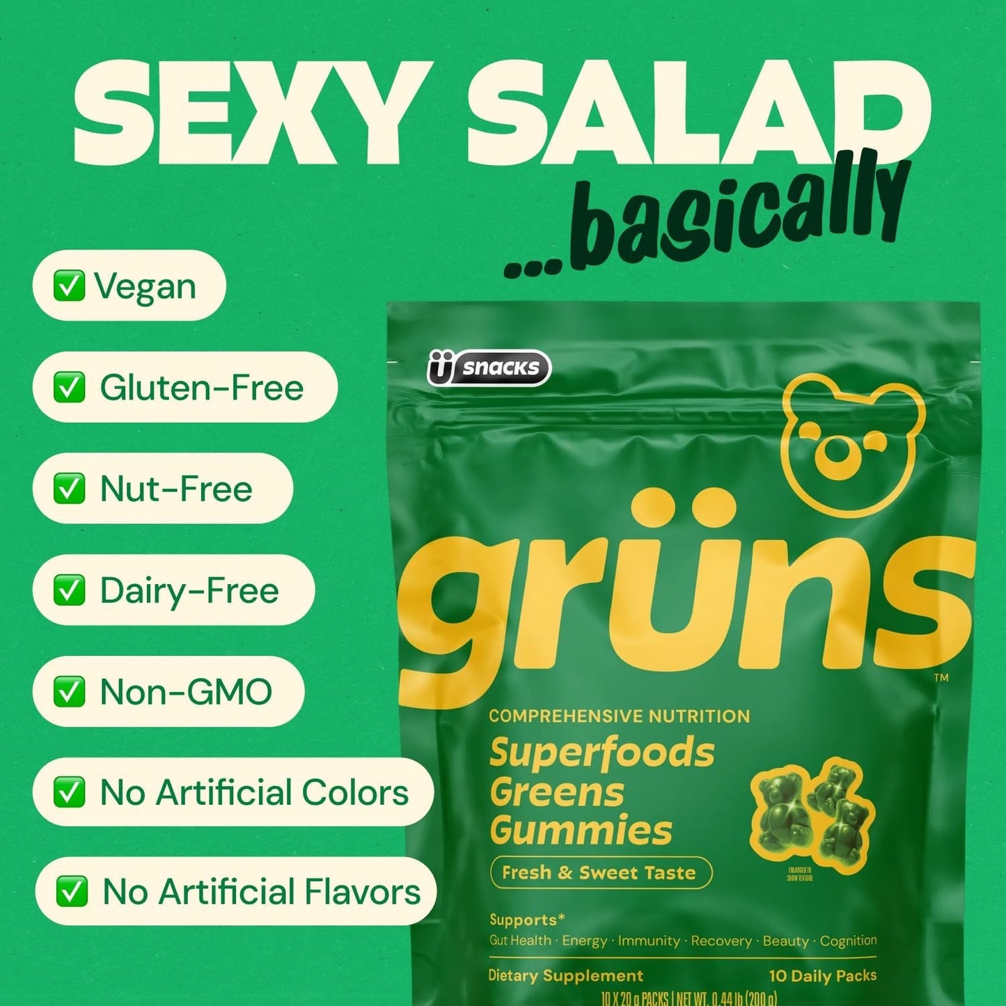 Gruns Gomitas Super Greens Sin Azúcar para Adultos, Ositos de Goma...