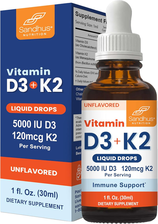 Sandhu's Gotas de vitamina D3 K2 para adultos | 5000 UI D3 líqu...