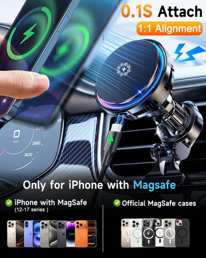 Cargador inalámbrico magnético de refrigeración dual TEC y ventilador 2026, para cargador de coche Magsafe de 15 W, RGB, ventilación de aire/tablero de instrumentos Soporte de teléfono de carga