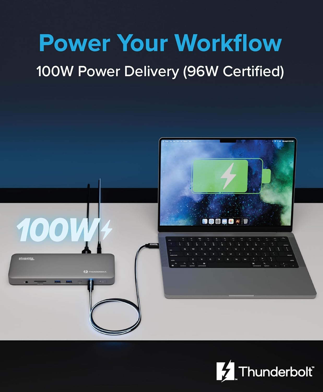 Plugable Base Thunderbolt 4 para M4 MacBook Air y M5 Pro: Estación de Acoplamiento para Portátil sin Controladores con Carga de 100W, Monitor Dual HDMI 4K o Individual 6K, 6X USB, SD, Ethernet