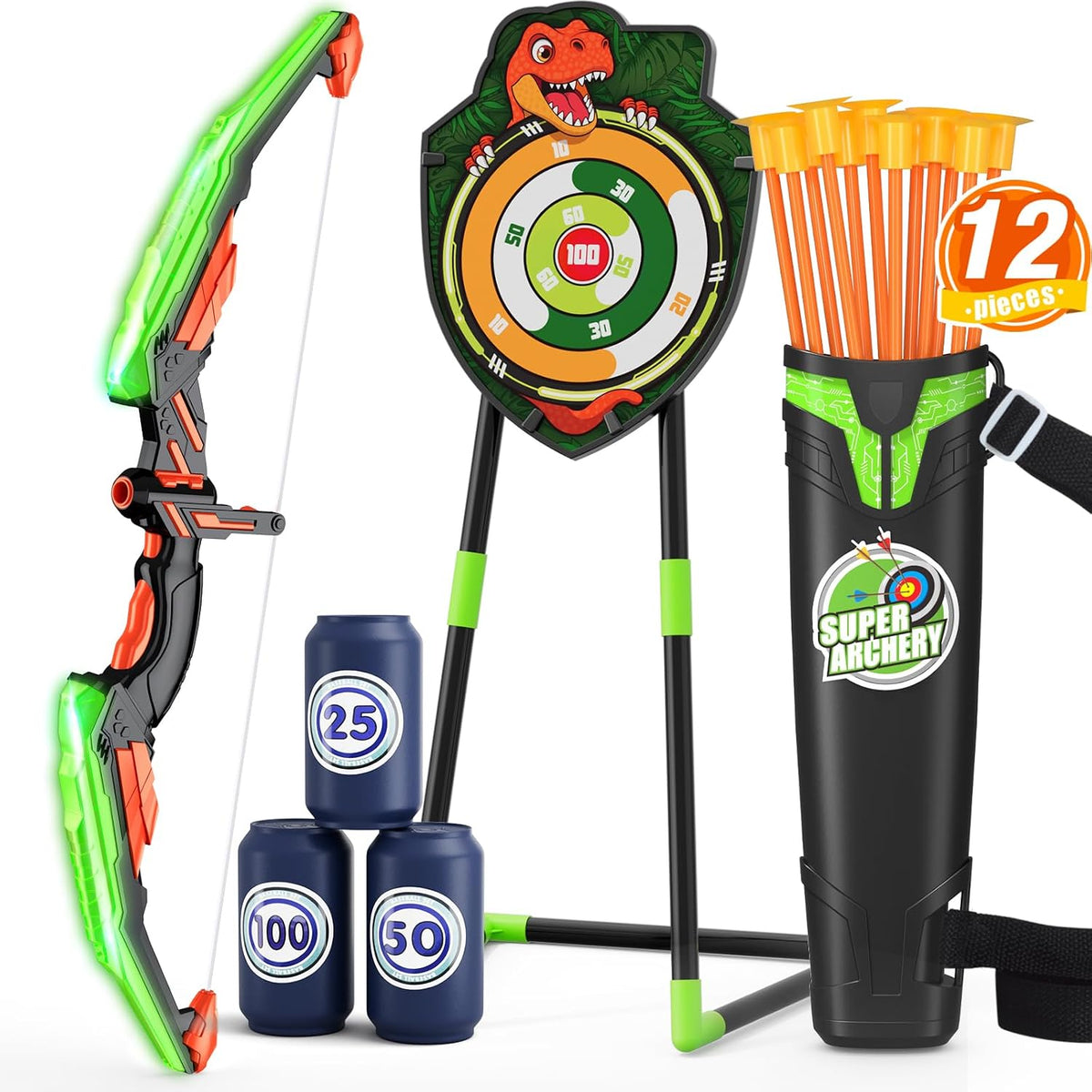 HYES Arco y flecha para niños, juego de tiro con arco con luz LED c...