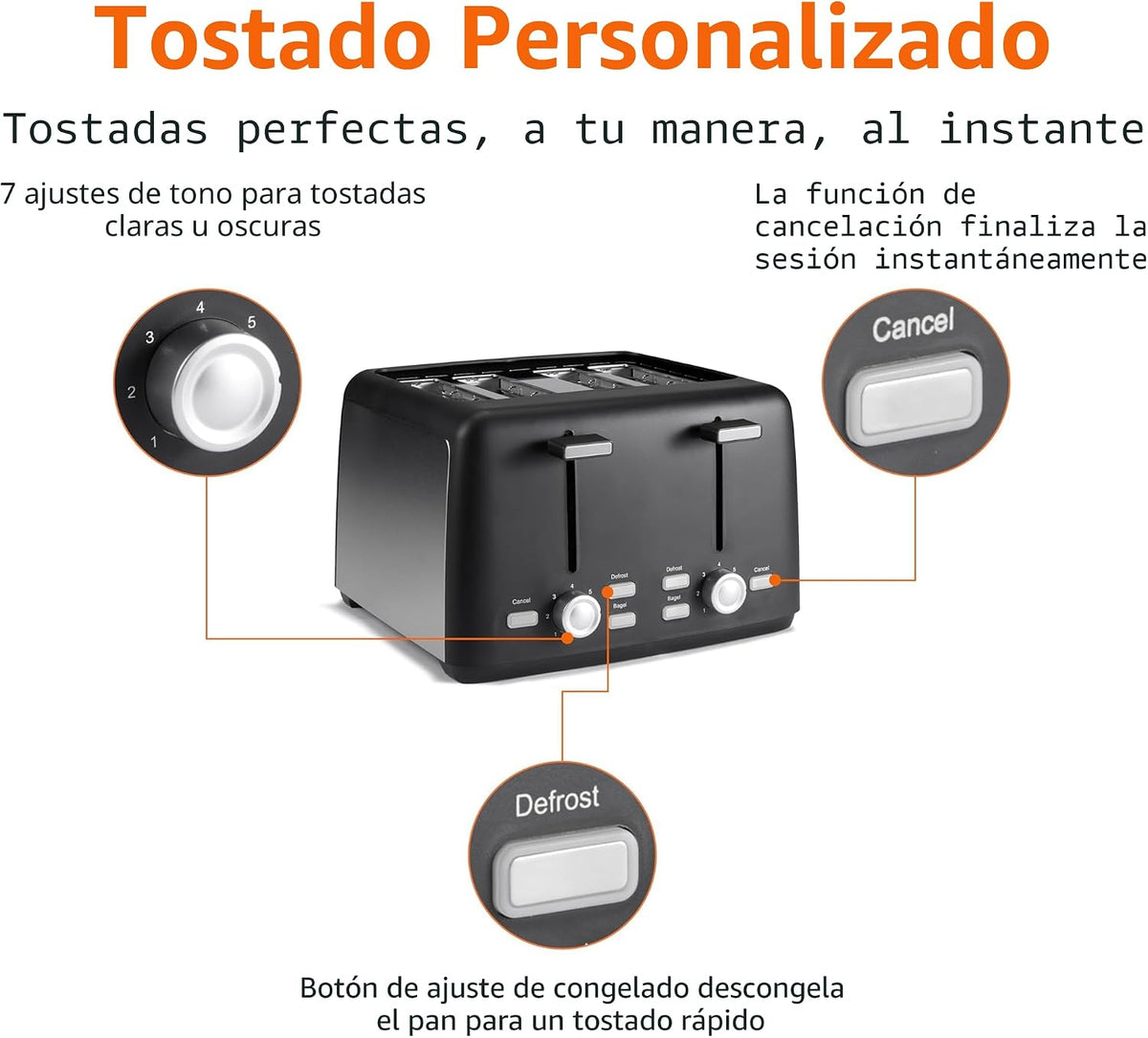 Amazon Basics Tostadora de 4 rebanadas, con 7 ajustes de tostado, r...