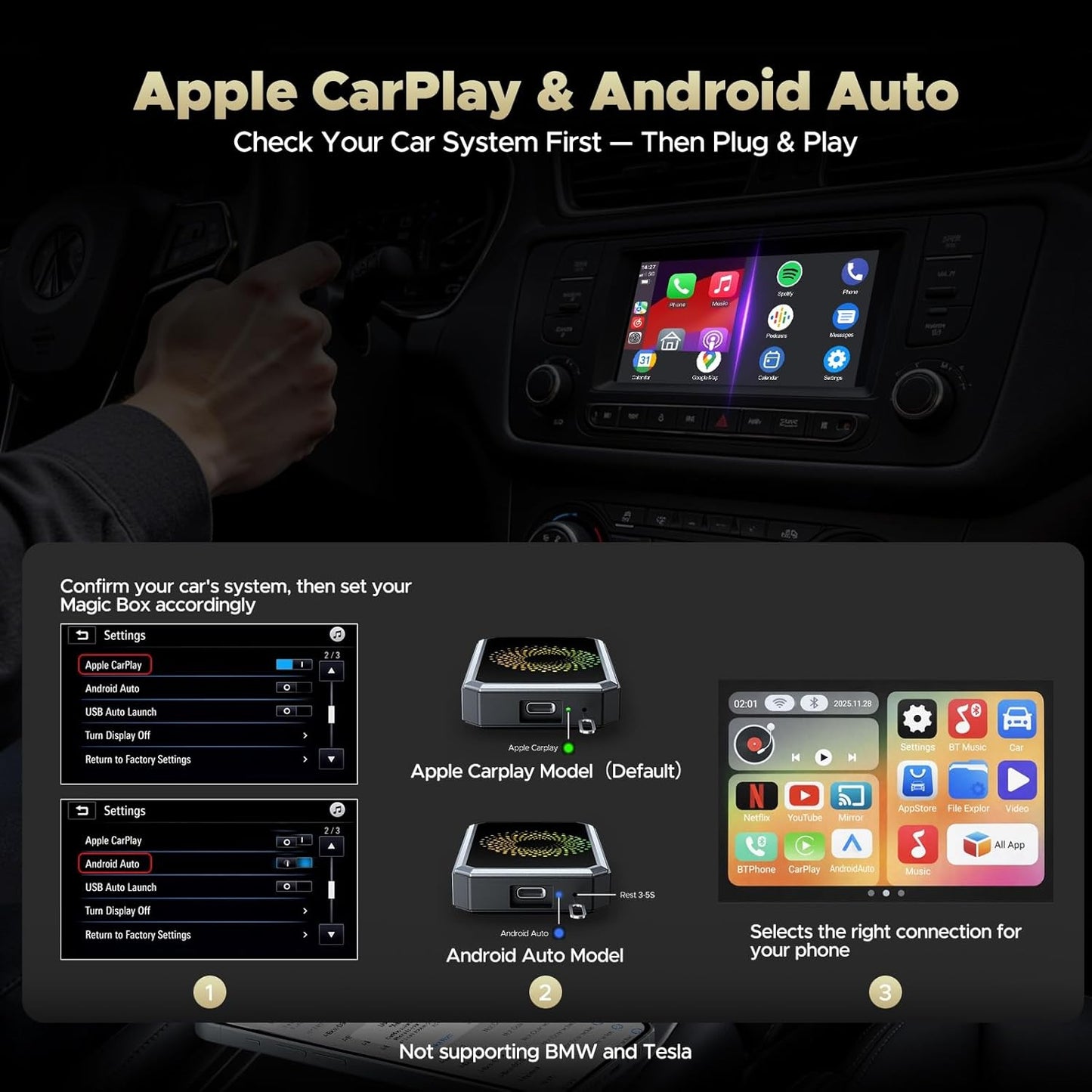 TOGUARDGO Adaptador inalámbrico 3 en 1 Carplay Magic AI Box con Net-Flix YouTube TikTok Actualización de Car Play con cable a soporte inalámbrico Unidad USB para iPhone 10+ y Android 13+