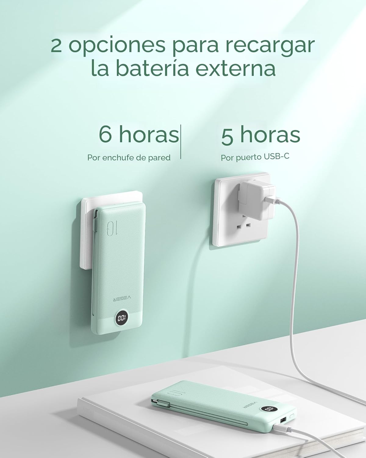 VEGER Cargador portátil con enchufe AC incorporado y cables, banco...