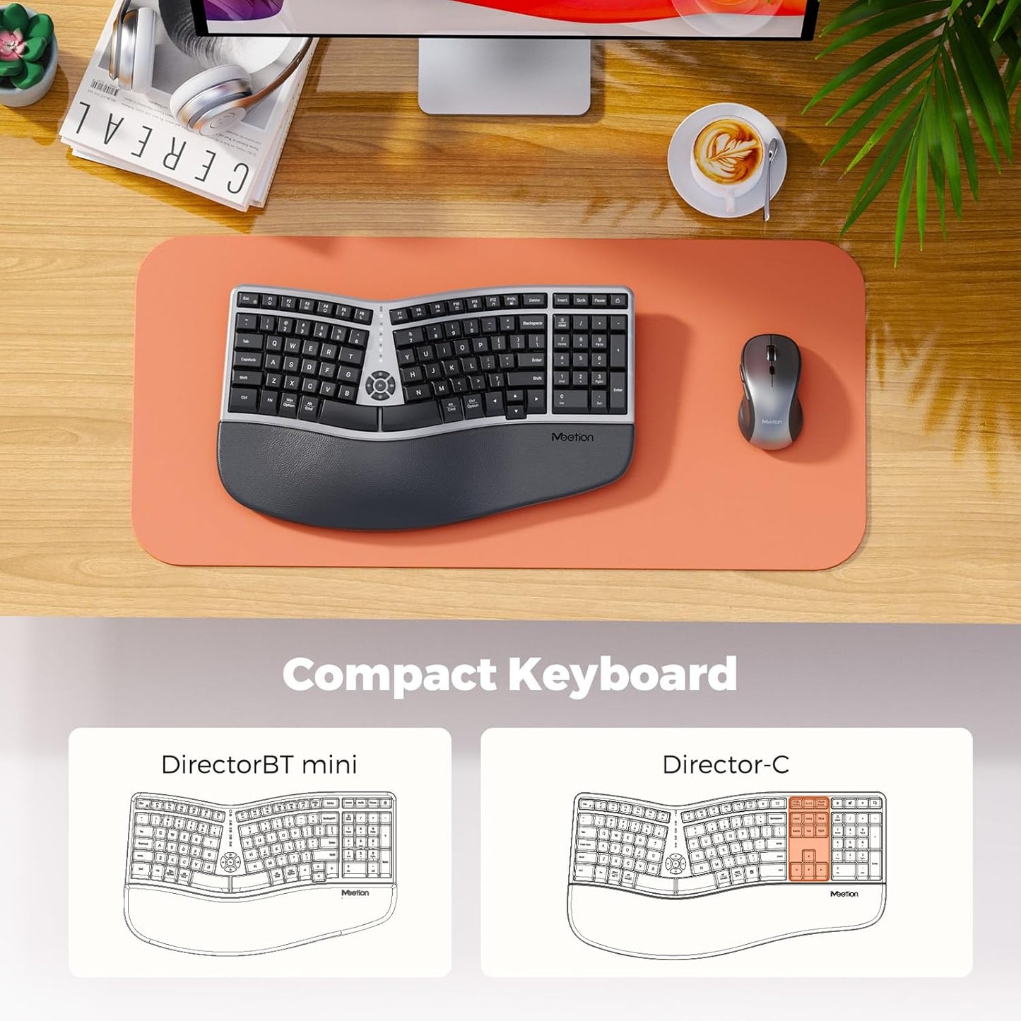 MEETION Combo ergonómico de teclado y mouse inalámbrico, teclado compacto curvado de 2.4 G con reposamanos acolchado, mouse inalámbrico ajustable de 4 niveles DPI para Windows/Mac/Escritorio/PC