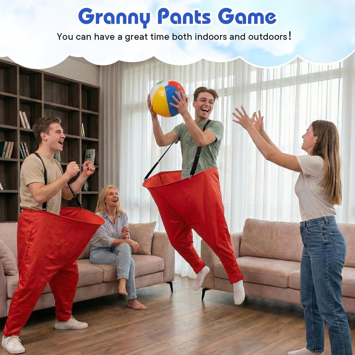 Juego de 2 pantalones de abuela con tirantes, 16 bolas hinchables y 2 bombas, divertido juego de fiesta al aire libre para adultos, niños, reuniones familiares y días de campo
