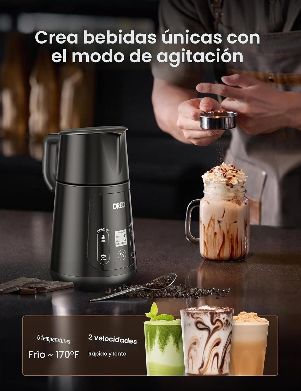 DREO BaristaMaker Espumador de Leche, Todo en 1, 27oz\/800ml Máquin...