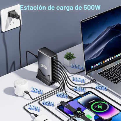 Bloque de carga rápida USB C de 500 W, estación de carga USB multip...