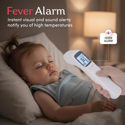Termómetro infrarrojo de Smart Med Alert - Medición de 1 segundo, tres opciones de pantalla, alarma de fiebre y 32 juegos de memoria