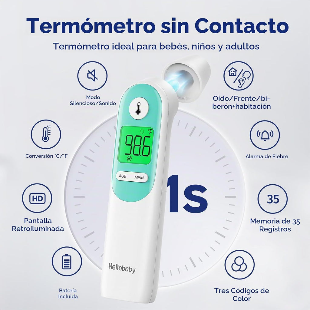 Hellobaby Termómetro para bebé 3 en 1, oreja y frente con alerta aj...