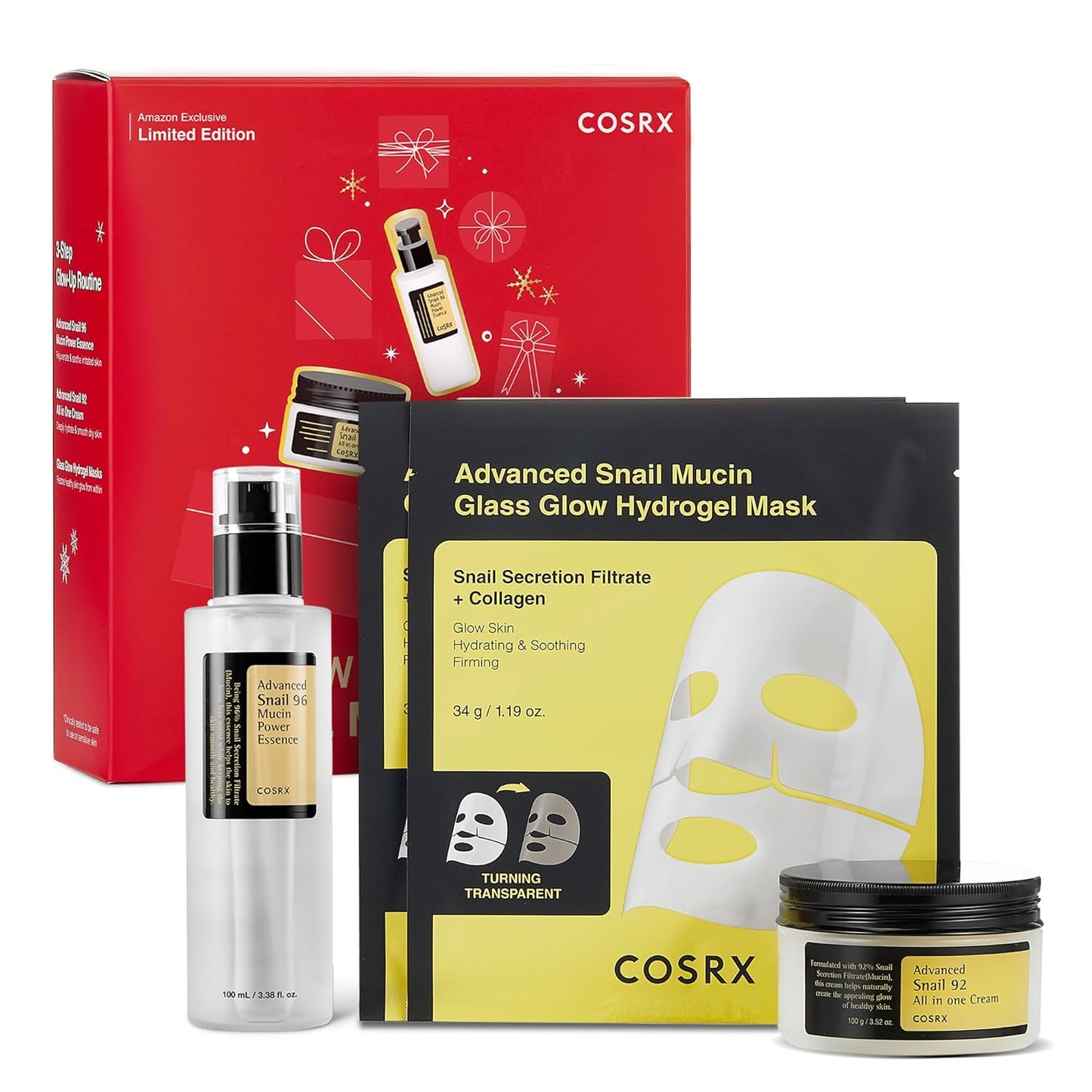 COSRX Snail Mucin - Set de Regalo Navideño Limitado con Suero Reparador de Mucina de Caracol, Crema Hidratante y Mascarilla Facial de Colágeno, Set Coreano para el Cuidado de la Piel, Rellenos de