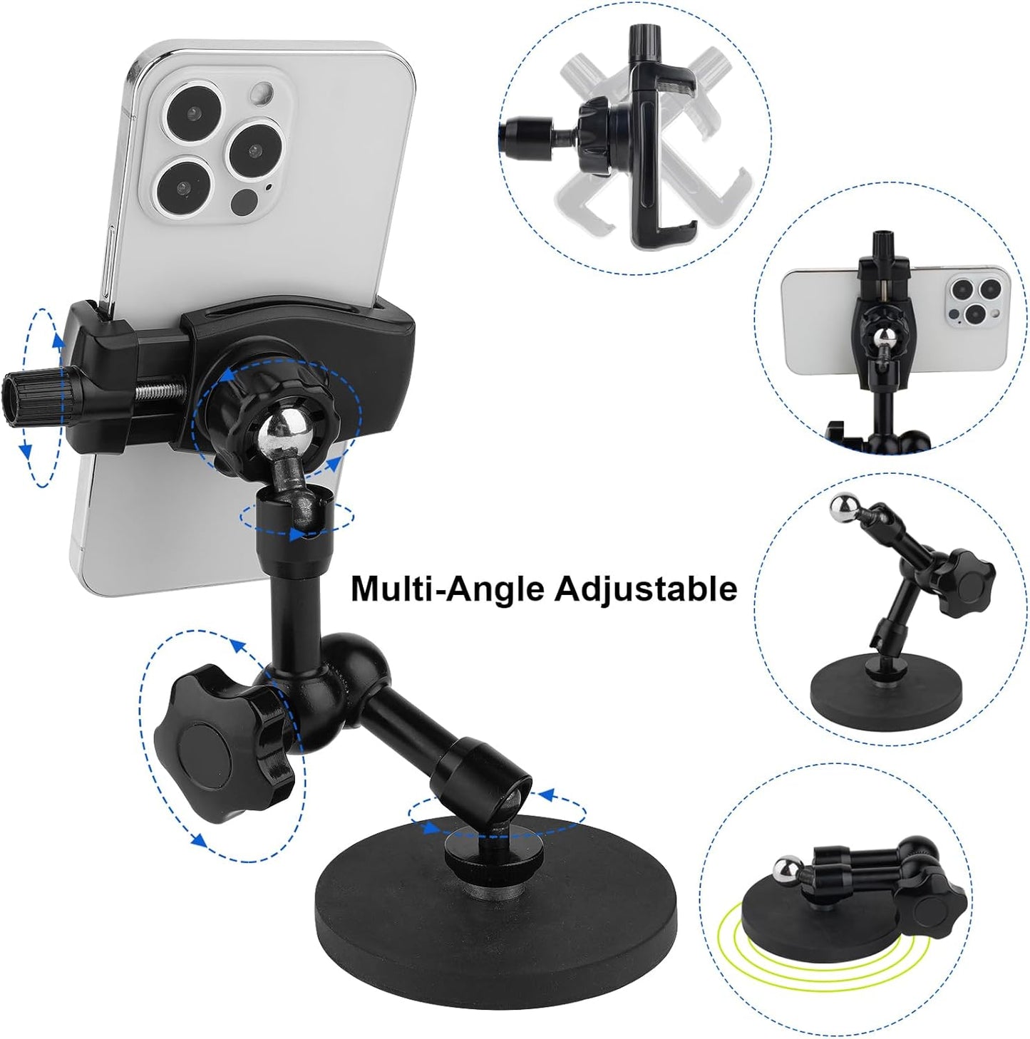 Soporte magnético para teléfono, soporte de teléfono resistente para camión, tractor, montacargas, barcos, vehículos de motor, compatible con iPhone/Nexus/Smartphone, brazo ajustable de 360° y base magnética de 3.46 pulgadas