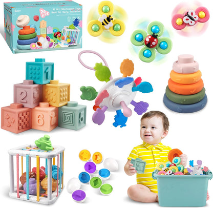 Juguetes para bebés de 6 a 12 meses, cubos sensoriales Montessori y juguetes de dentición, bloques apilables 6 en 1, anillos, huevos, giratorio, forma de cangrejo, 27 piezas, edades de 6 a 36