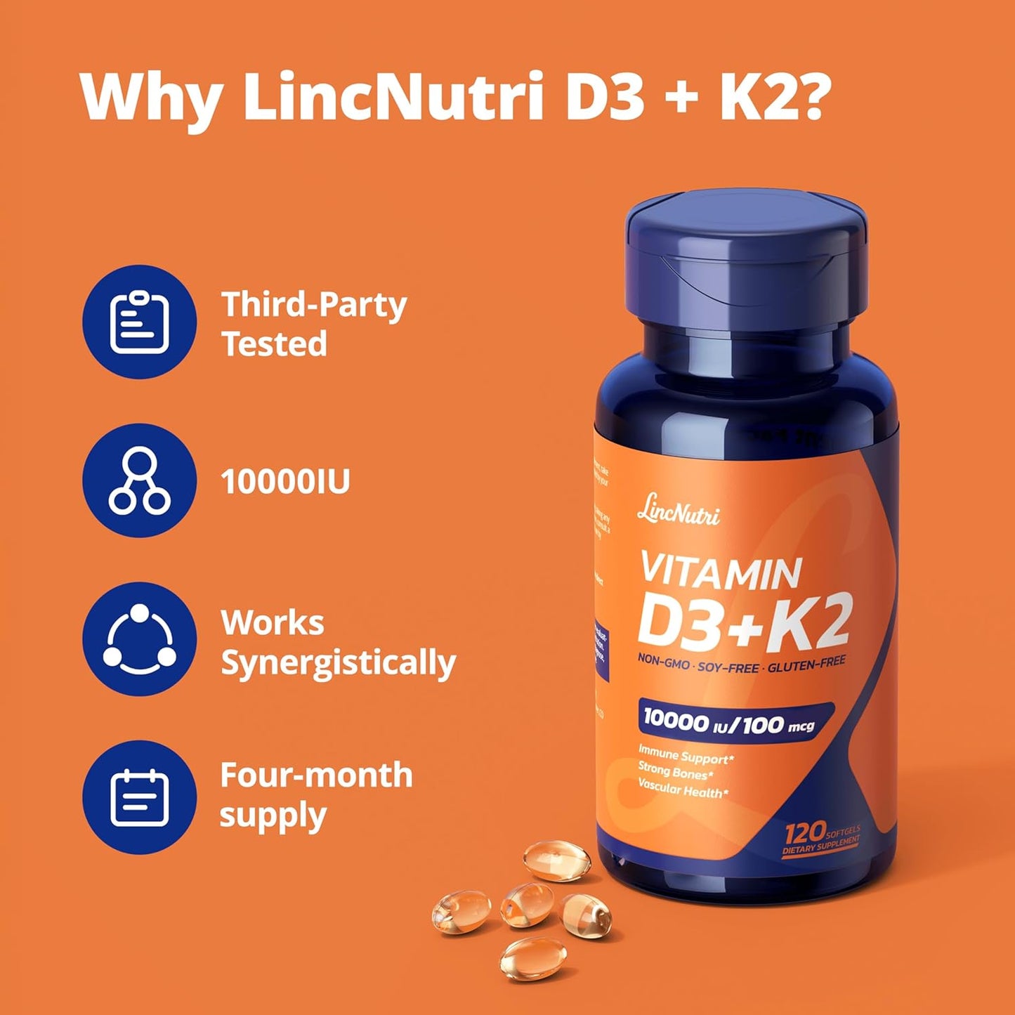 LincNutri Viamin D3 K2 10,000IU, MK-7 100mcg 120 cápsulas blandas p...