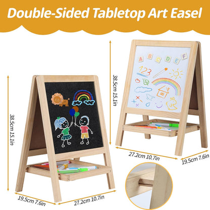 Caballete de Arte de Madera para Pintura de Mesa para Niños - Tablero de Dibujo de Doble Cara 4 en 1 para Niños Pequeños de 2-4 Años, Pizarra y Pizarra Blanca Seca con Marcadores, Borrador, Letras