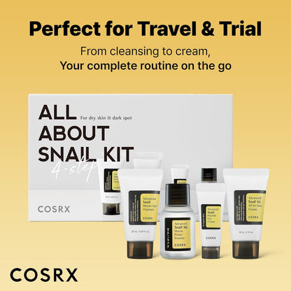 COSRX All About Snail Mucin - Juego de cuidado de la piel coreano, mini artículos esenciales de viaje, juego de regalo de tamaño de viaje con lavado facial de mucina de caracol, suero, crema hidratante y crema para ojos, kit rejuvenecedor