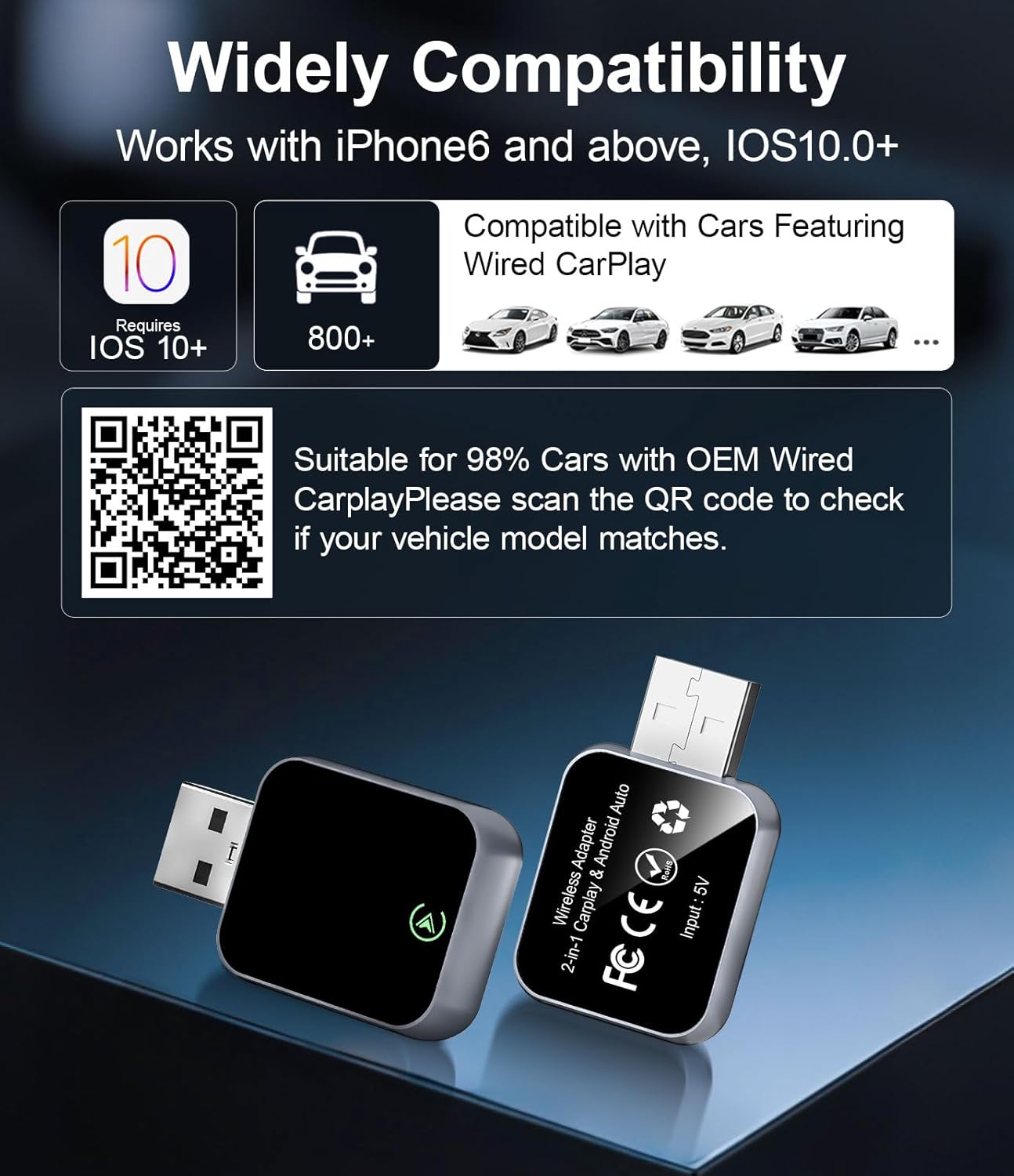 Adaptador inalámbrico CarPlay para iPhone, Bluetooth y Wi-Fi, 3X Auto-Conectar, Sin Latencia, Compatible con Apple CarPlay USB A/C, Enchufe y Reproduce, Convierte CarPlay con cable de