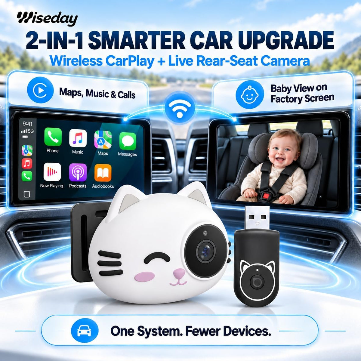 Wiseday Cámara de coche de bebé 2 en 1 y adaptador inalámbrico CarP...