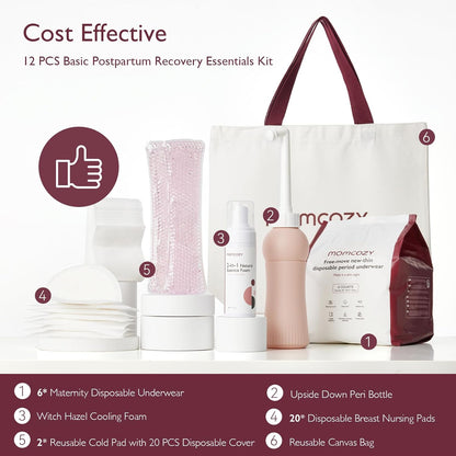 Momcozy Kit de Elementos Esenciales para Recuperación Posparto, Kit de Cuidado para Mamá en Trabajo de Parto y Parto, Ropa Interior Desechable Autoabsorbente, Almohadillas de Lactancia para Pezones
