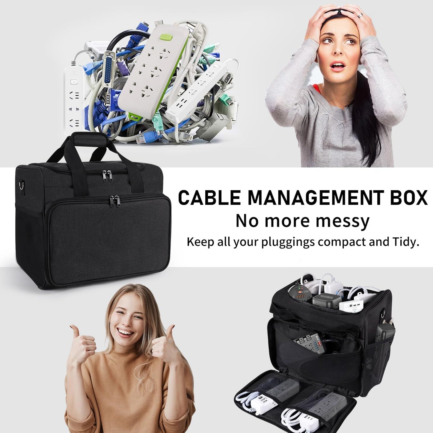 Bolsa organizadora de cables, caja organizadora de cables, bolsa de almacenamiento de cables electrónicos con divisor ajustable, bolsa de almacenamiento de cables grande para cable, cable, regleta de alimentación