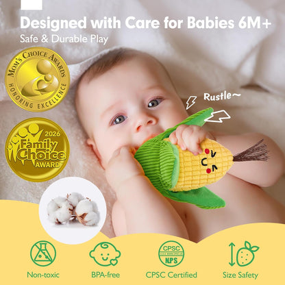 Hahaland Juguetes sensoriales para bebés - 16 piezas Mi primera fruta Verdura Clasificación de color de alimentos de juego crujiente, sonajero, juguetes para bebés 6-12 meses Juguetes Montessori para