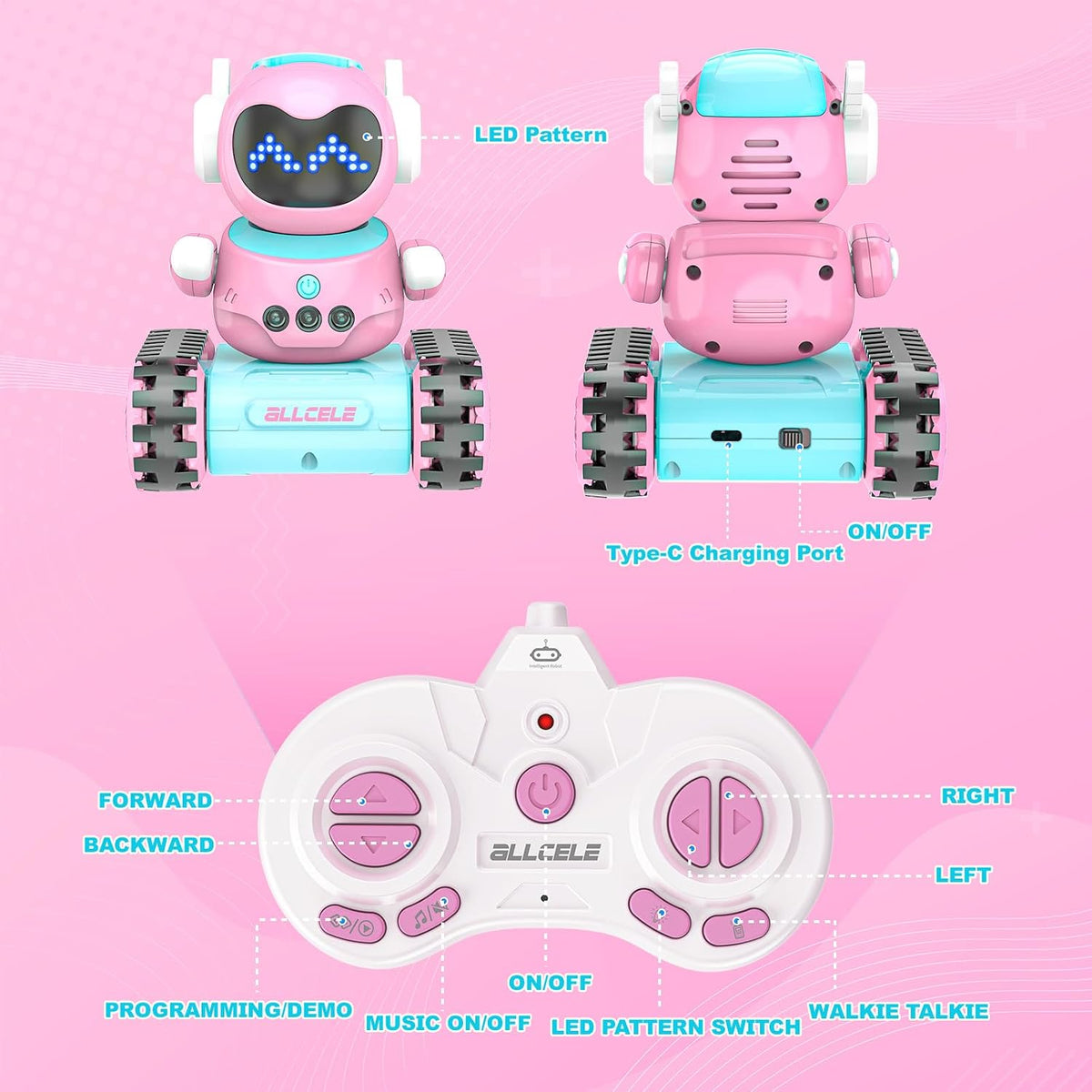 ALLCELE Robot de juguete LED RC para niñas con Walkie Talkie, progr...