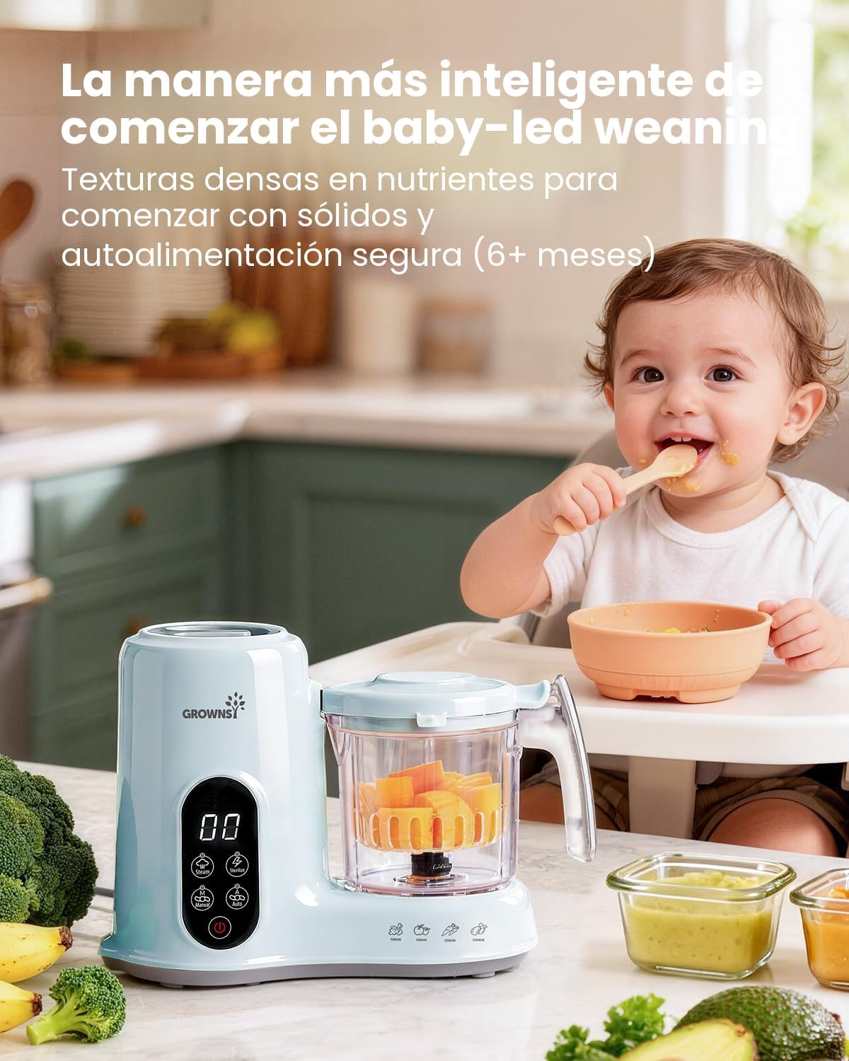 GROWNSY - Licuadora para comida de bebé con canasta de vapor, proce...