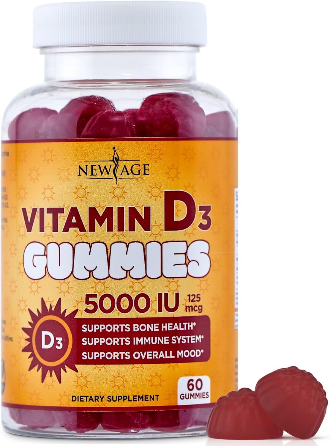 NEW AGE Gomitas de vitamina D3 de 5000 UI de 125 mcg, suplemento in...