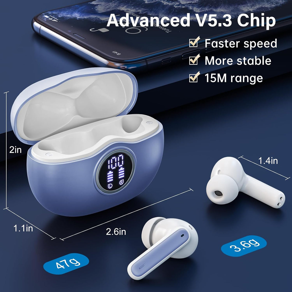Fhumsh Auriculares inalámbricos, Bluetooth 5.3, estéreo de alta fid...